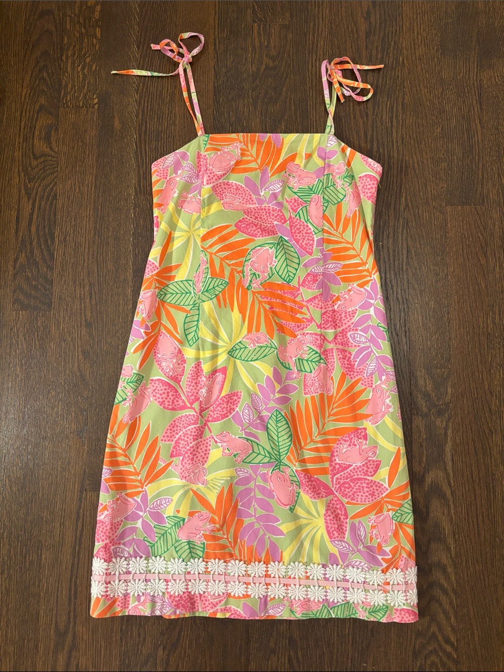 Vintage Lilly Pulitzer Neon Sundress in Pink, Orange & Green with Lace Trim